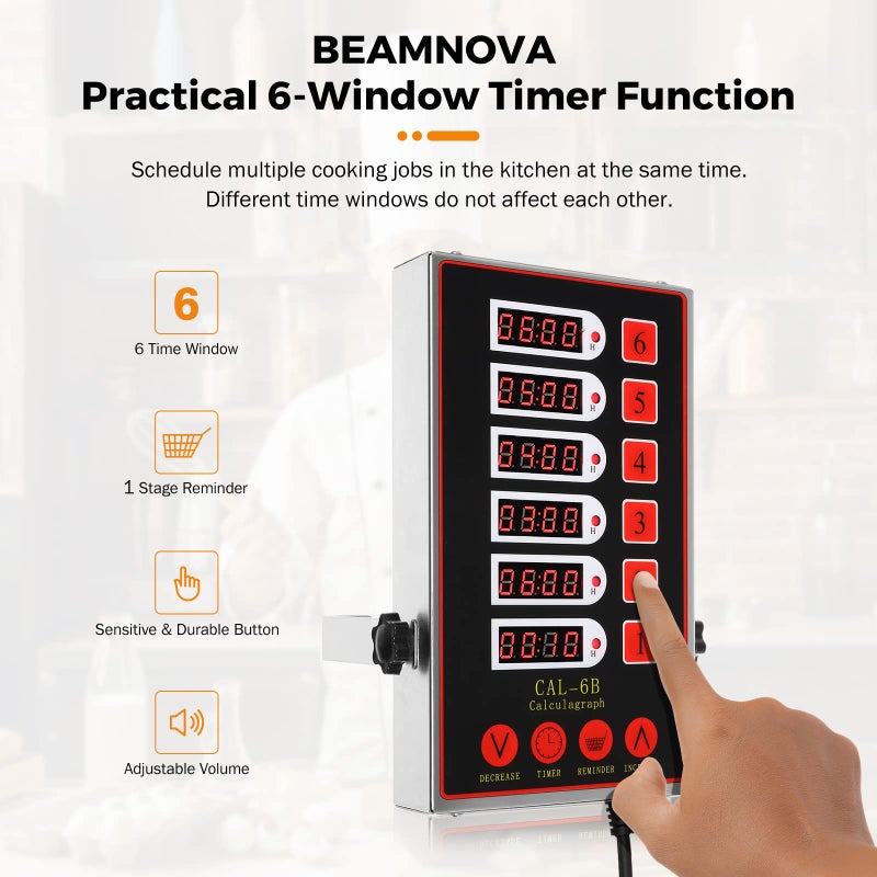 BEAMNOVA 6 Channel Digital Kitchen Timer Cooking Reminder Commercial Loud Ring Alarm Stainless Steel Adjustable Volume - Image 2